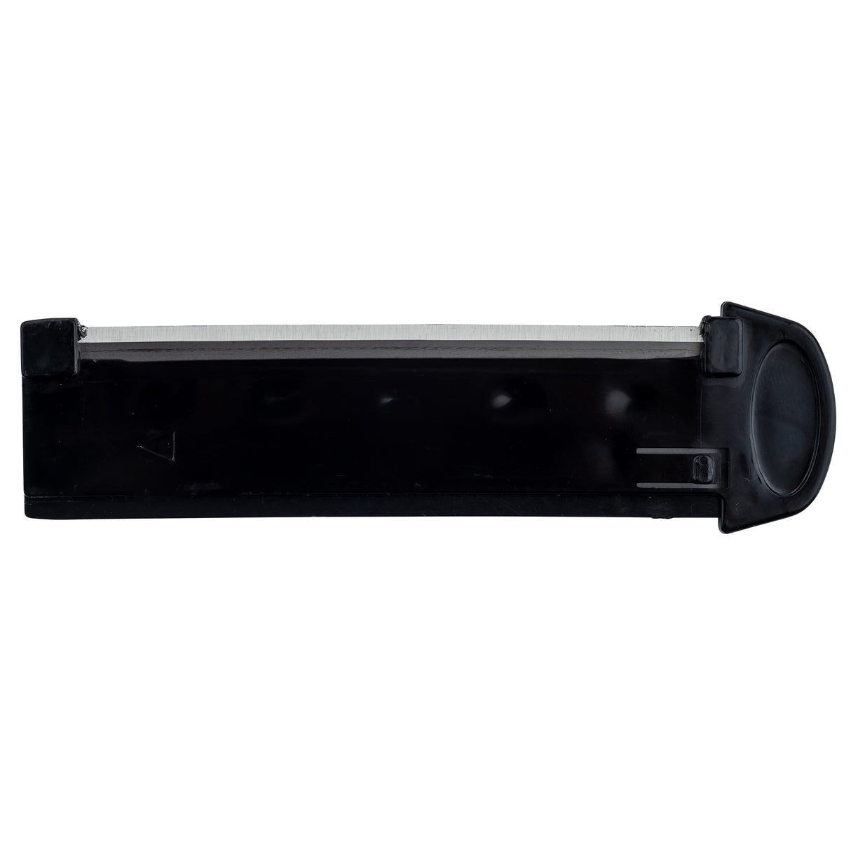 A black and silver box cutter blade with a stainless steel edge is housed in a plastic casing, shown from the side against a white background. The blade edge is partially visible at the top, and the rounded end of the casing is on the right.