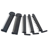 Four black plastic guides, designed for the TableCraft Mandoline Slicer Set, feature angled, evenly spaced stainless steel spikes and slots. Each guide has a handle and a rectangular, flat section holding the spikes, arranged parallel on a white background.
