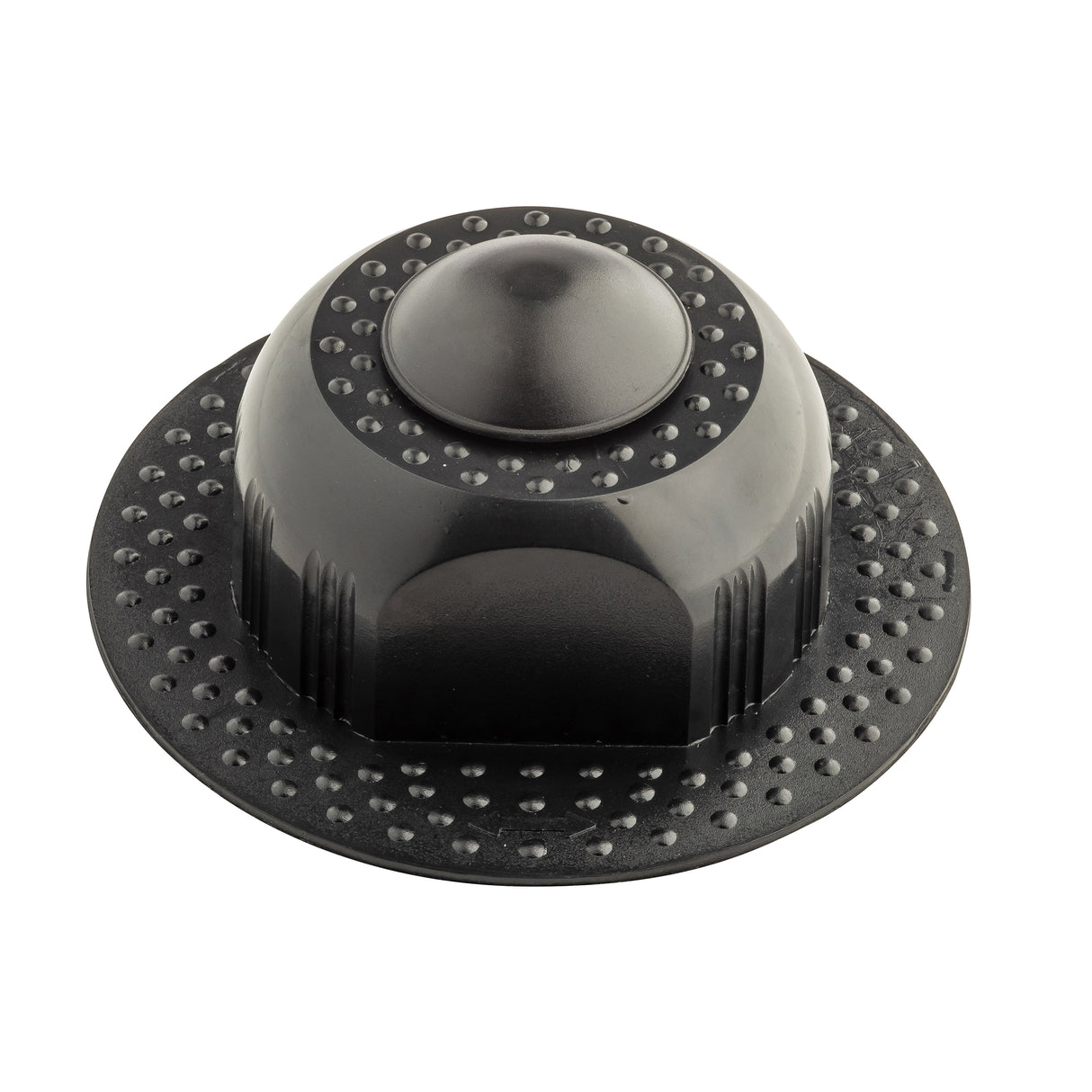 A black, dome-shaped anti-theft security tag with a flat, round base featuring raised bumps in concentric circles—ideal for retail stores like those selling a stainless steel mandoline. The tag has a smooth central top and textured details along the sides.