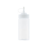 A clear, empty polyethylene WideMouth Squeeze Bottle with a white, pointed nozzle cap. The cap features a small attached lid that covers the tip, and the bottle stands upright on a white background. Dishwasher safe for easy cleaning.
