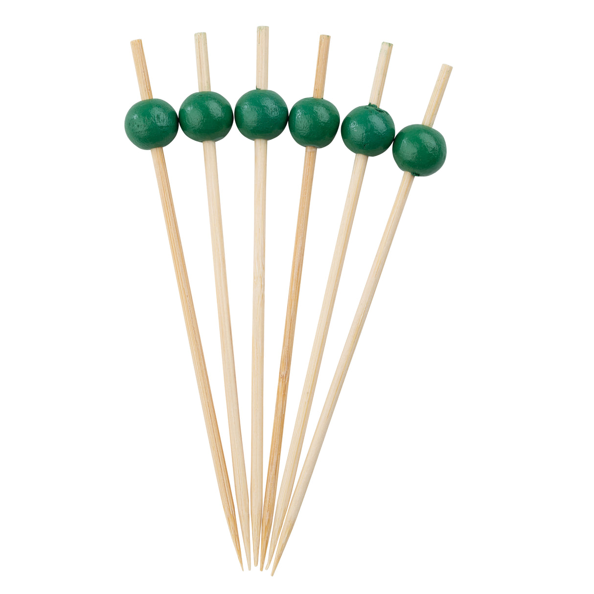 Six bamboo ball picks are arranged in a fan shape. Each pick features a small, round green bead near the top. The green cocktail picks are evenly spaced on a white background.