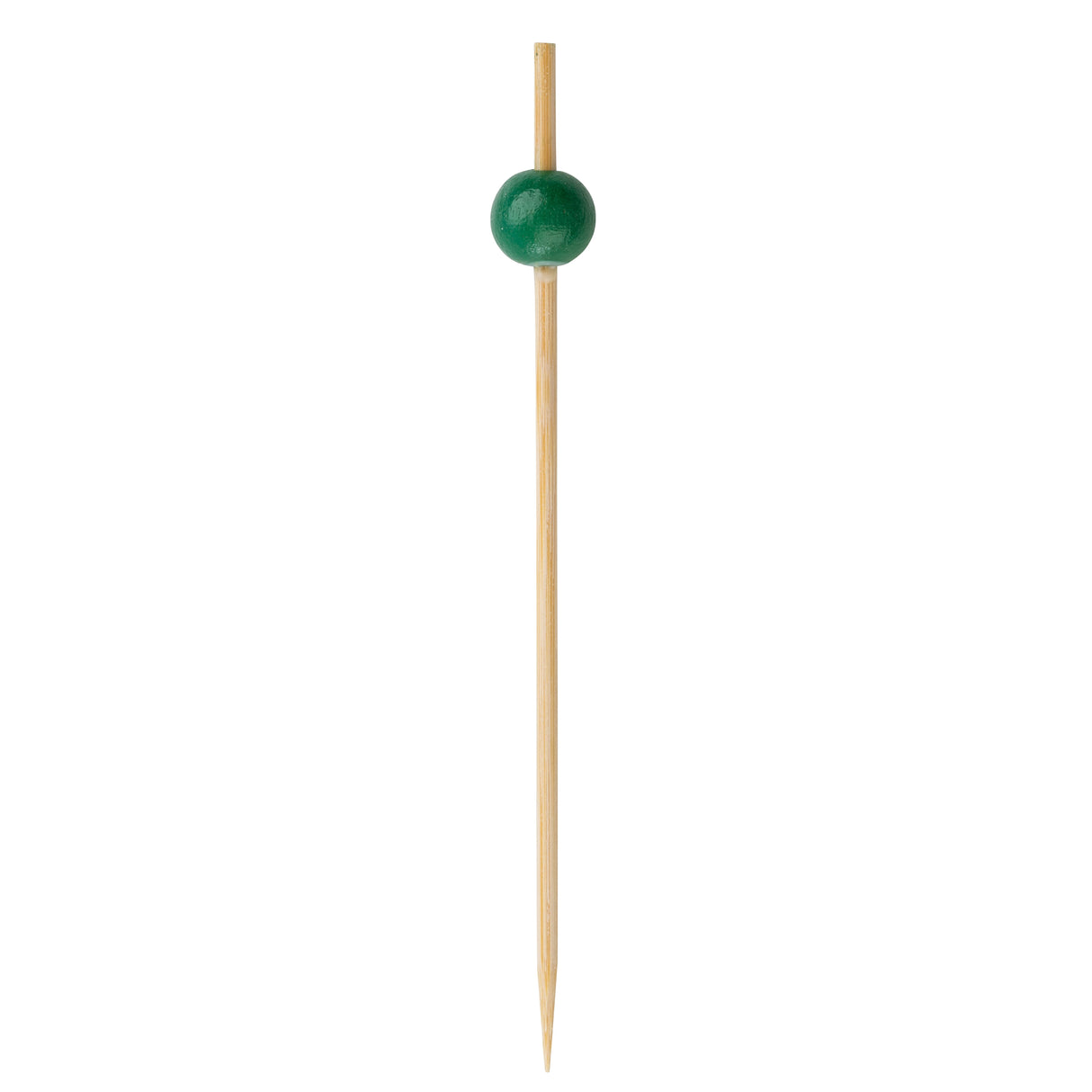 A single green cocktail pick with a pointed tip and a glossy, dark green bead near the top. The smooth, light-colored stick resembles premium bamboo ball picks, while the shiny bead adds an elegant touch against the plain white background.