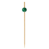 A single green cocktail pick with a pointed tip and a glossy, dark green bead near the top. The smooth, light-colored stick resembles premium bamboo ball picks, while the shiny bead adds an elegant touch against the plain white background.