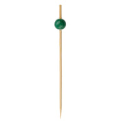 A single green cocktail pick with a pointed tip and a glossy, dark green bead near the top. The smooth, light-colored stick resembles premium bamboo ball picks, while the shiny bead adds an elegant touch against the plain white background.