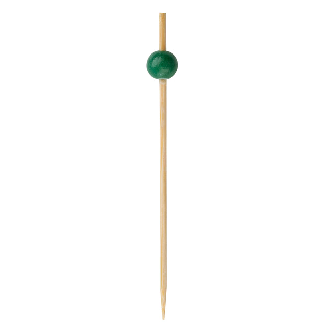 A single green cocktail pick with a pointed tip and a glossy, dark green bead near the top. The smooth, light-colored stick resembles premium bamboo ball picks, while the shiny bead adds an elegant touch against the plain white background.