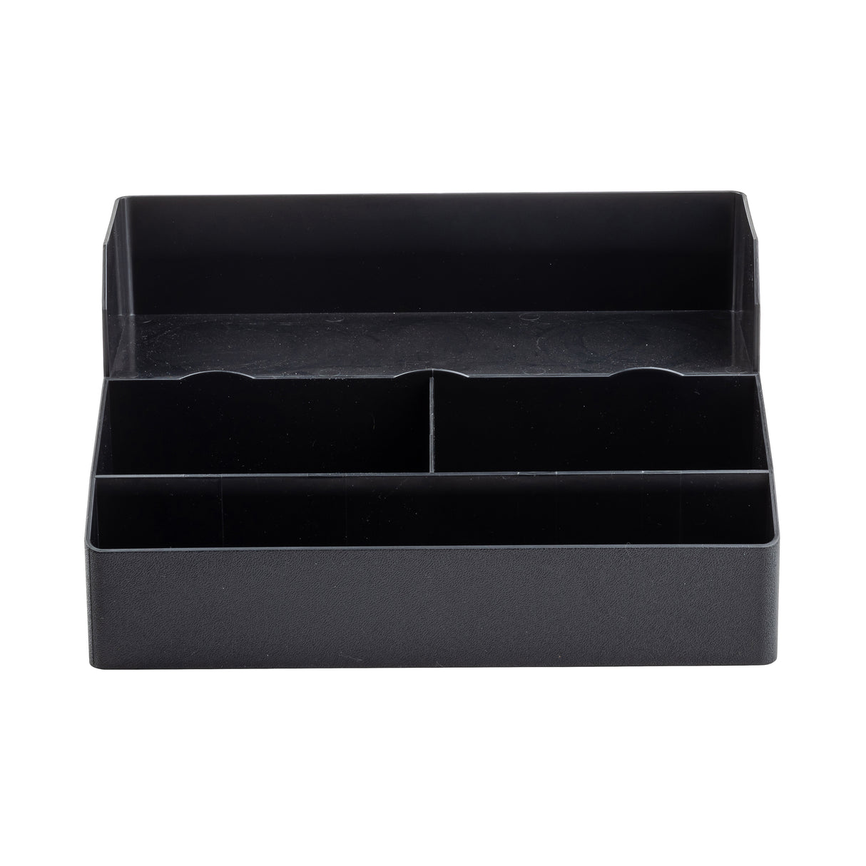 A black plastic TableCraft desk organizer with multiple rectangular compartments and built-in cup holders. The front row has two equal sections, while the back row is one long section—perfect as a Coffee Condiment Organizer on any plain white surface.