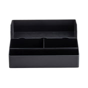 A black plastic TableCraft desk organizer with multiple rectangular compartments and built-in cup holders. The front row has two equal sections, while the back row is one long section—perfect as a Coffee Condiment Organizer on any plain white surface.
