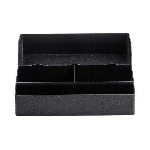 A black plastic TableCraft desk organizer with multiple rectangular compartments and built-in cup holders. The front row has two equal sections, while the back row is one long section—perfect as a Coffee Condiment Organizer on any plain white surface.