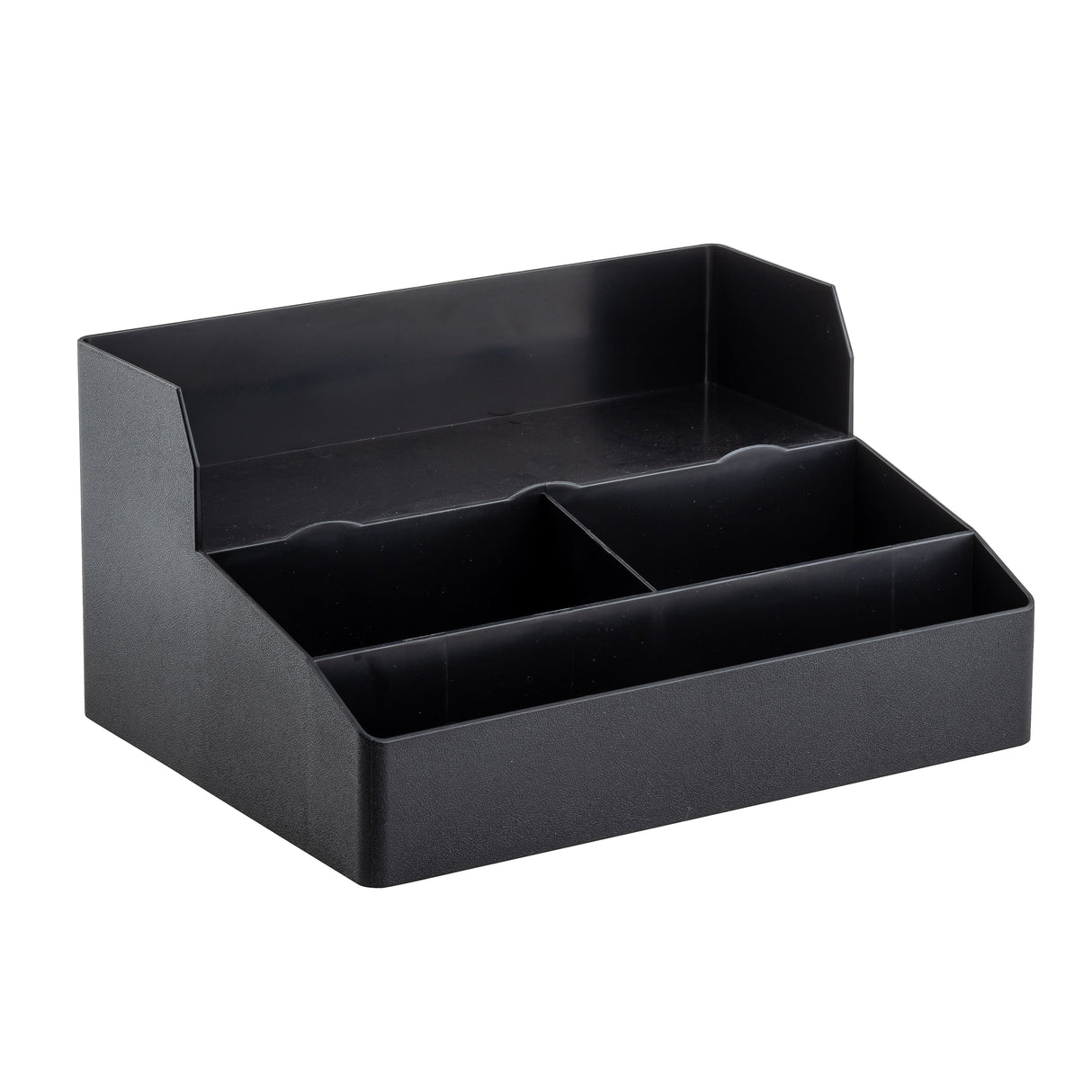The TableCraft Coffee Condiment Organizer is a black plastic organizer with three open compartments—one wide at the back and two smaller up front. Its straight edges and raised back panel make it ideal for sorting office supplies or as cup holders in your kitchen.