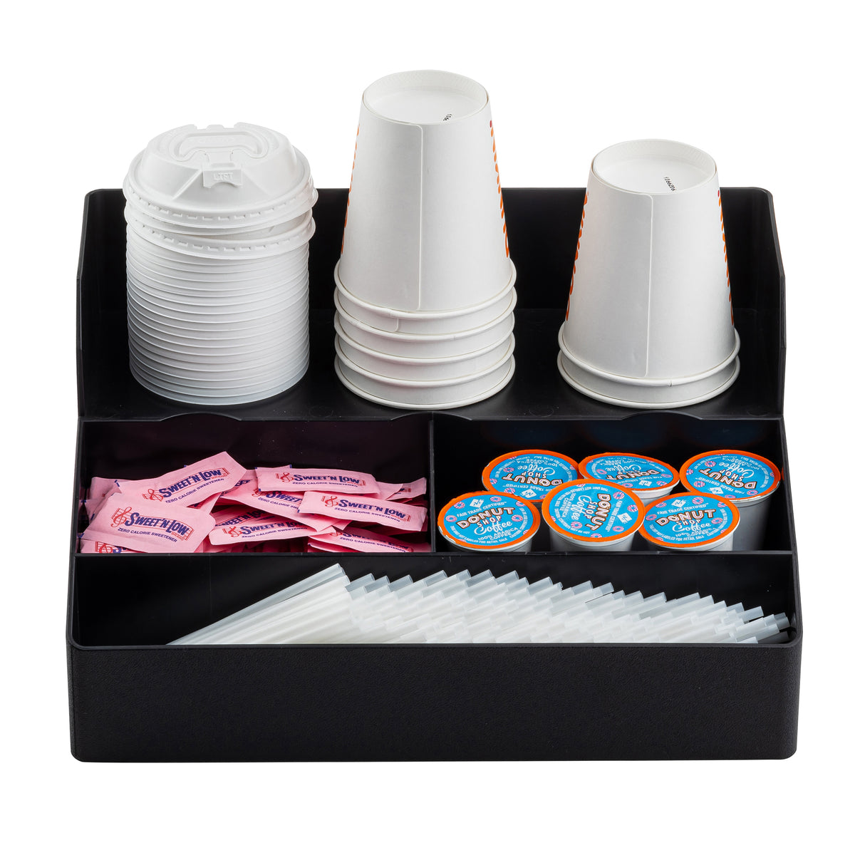 A TableCraft Coffee Condiment Organizer with cup holders neatly arranges white disposable coffee cups, lids, pink sweetener packets, blue half & half creamers, and stirrers in separate compartments, all viewed from above.