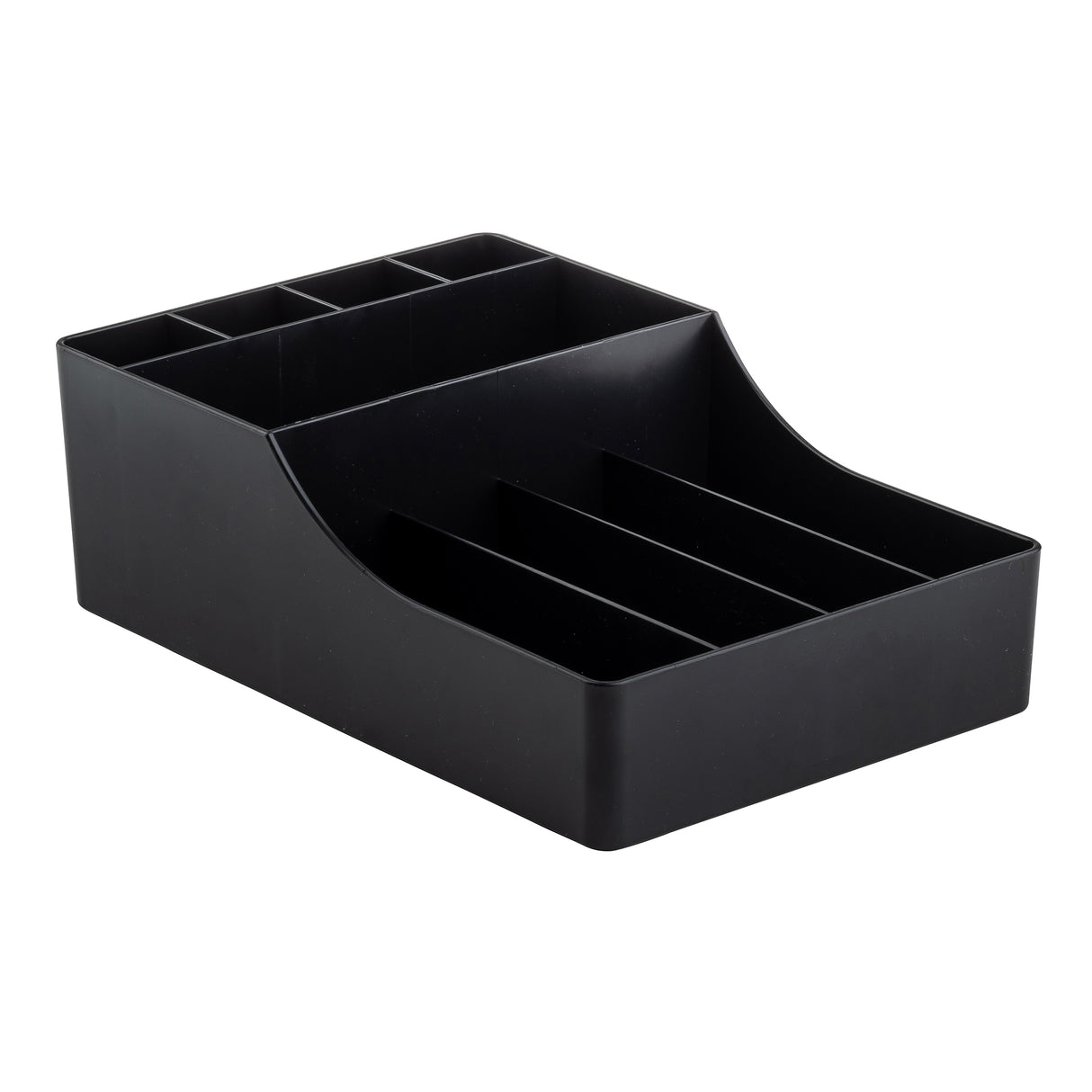 A black, rectangular TableCraft polypropylene desk and coffee condiment organizer with multiple compartments in various sizes. Its stepped design features taller sections at the back and shorter, divided spaces in front for efficient storage.