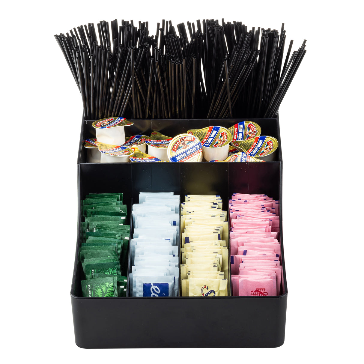 A TableCraft coffee condiment organizer, made of durable polypropylene, holds black coffee stirrers at the back, single-serve cream containers in the middle, and assorted sweetener packets in neat front sections.