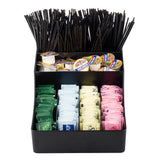 A TableCraft coffee condiment organizer, made of durable polypropylene, holds black coffee stirrers at the back, single-serve cream containers in the middle, and assorted sweetener packets in neat front sections.