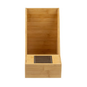 A bamboo tea bag organizer with a tall back and open front. The lower section contains a compartment with neatly arranged tea bags separated by vertical dividers, perfect for pairing with your Single Airpot Rack. The wood has a smooth, natural finish.
