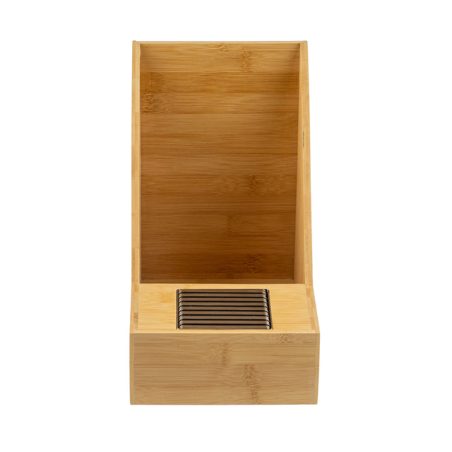 A bamboo tea bag organizer with a tall back and open front. The lower section contains a compartment with neatly arranged tea bags separated by vertical dividers, perfect for pairing with your Single Airpot Rack. The wood has a smooth, natural finish.
