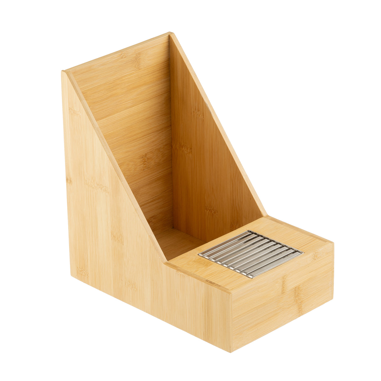 A bamboo upright knife block with a slanted design features a top slot with visible metal rods for secure storage, and the smooth, unadorned bamboo surfaces evoke the elegance of a Single Airpot Rack.