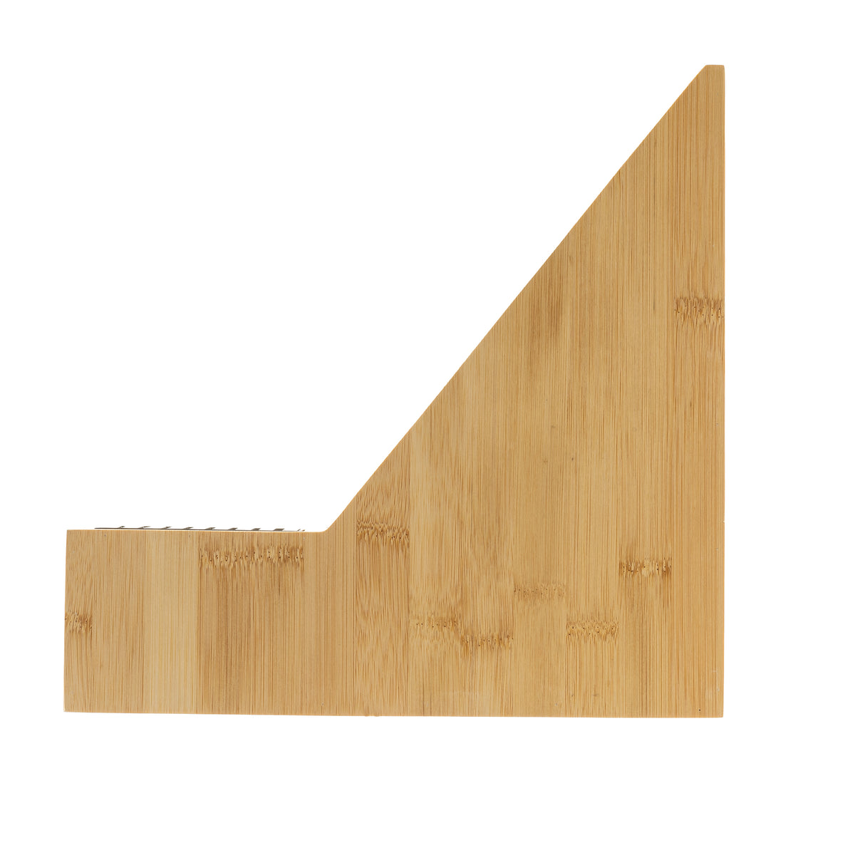 A bamboo knife block made of light-colored wood is shown in profile against a white background. The block has a rectangular base and a slanted top with visible bamboo grain, designed to hold knives upright for storage.