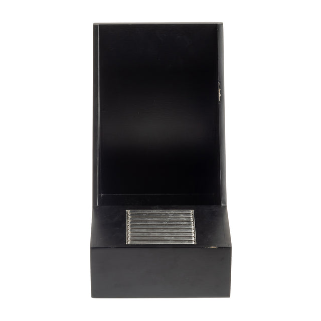 A black, rectangular, upright box—possibly a Single Airpot Rack—with a hinged lid open at 90 degrees. The lower front section features horizontal, metallic bars resembling a stainless steel drip tray. The background is plain white.