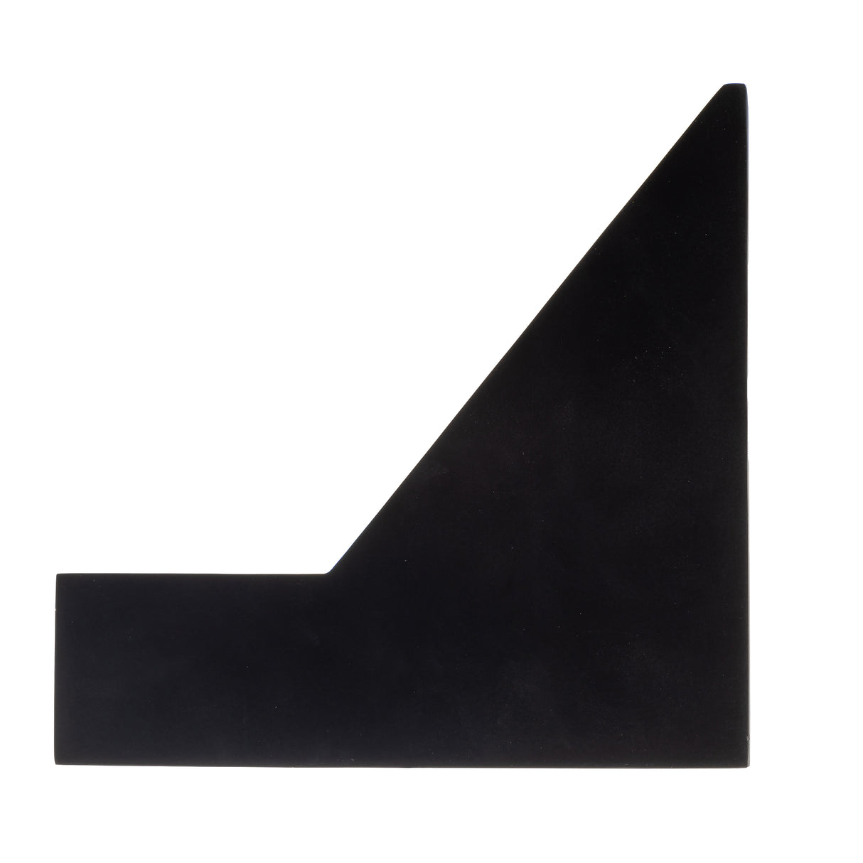 A flat, solid black geometric shape resembling a right triangle attached to a rectangle along its bottom edge, forming an L-shape with a diagonal slant on the upper right side, reminiscent of a painted wood Single Airpot Rack against a white background.