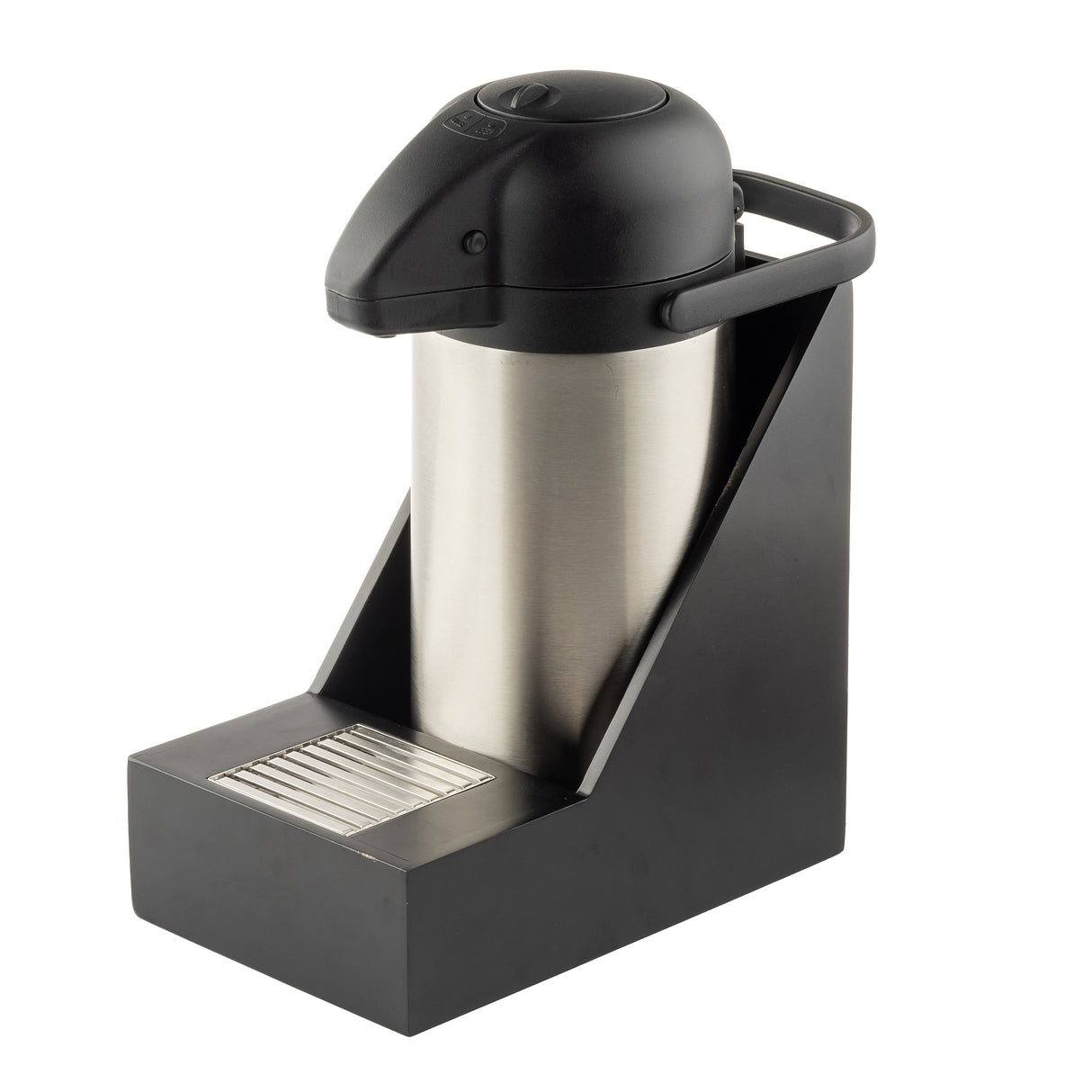 A stainless steel airpot with a black plastic pump lid sits in a painted wood Single Airpot Rack, featuring a stainless steel drip tray at the base, ideal for serving hot beverages like coffee. The scene is brightly lit with a plain white background.