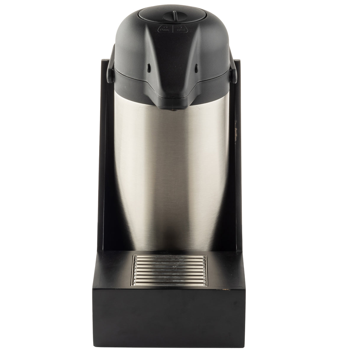 A stainless steel airpot coffee dispenser with a black lid sits in a matching black Single Airpot Rack featuring a stainless steel drip tray. The dispenser is centered and photographed against a white background, viewed from the front.