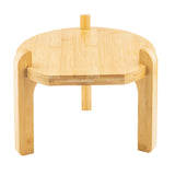 A small wooden stool with a round, flat top and three sturdy, curved legs. Handcrafted in a minimalist style, this bamboo stand highlights the natural wood grain and light finish—perfect as a TableCraft beverage dispenser stand.