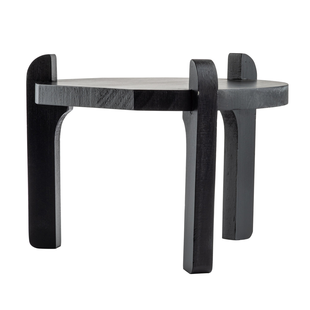 A small, modern black painted wood stand with a round seat and three thick, curved legs that extend above the surface, creating a sculptural, minimalist look. Its smooth, matte finish adds to the sturdy and contemporary design—perfect as a stylish accent piece.