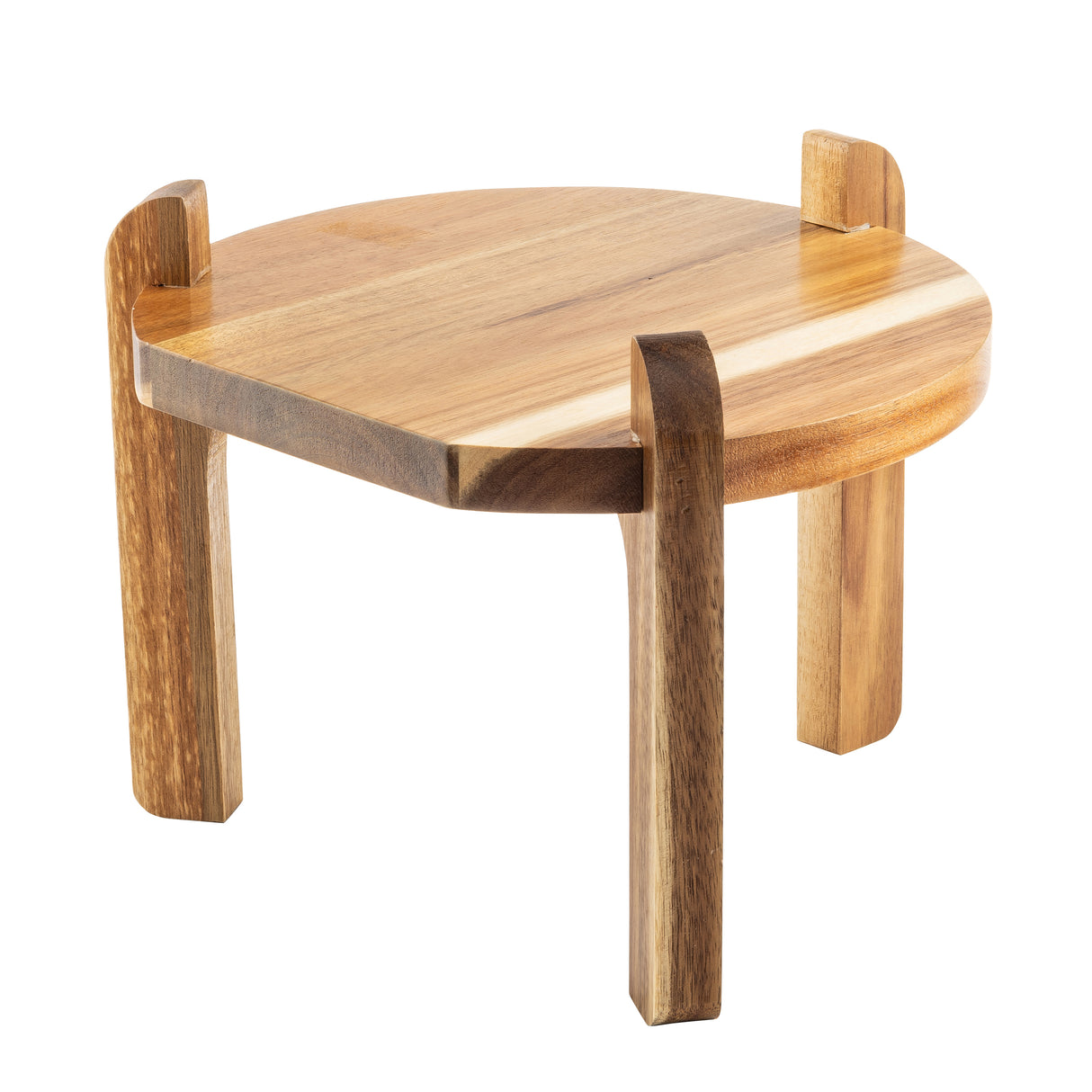 A small, round acacia wood table with three thick, vertical legs extending above the tabletop. Its smooth, polished surface features contrasting wood grain patterns—perfect as a stylish glass beverage dispenser stand.