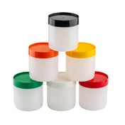 Six empty HDPE storage jars are arranged in a pyramid, each with a different colored lid—black, orange, yellow, green, and two red—on a white background. These versatile jars are ideal for organized storage.
