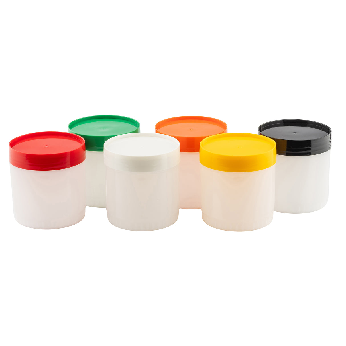 Five white HDPE storage jars from TableCraft Products are arranged in a semi-circle, each with a different colored lid—red, green, white, orange, yellow, and black. These empty Pint Backup Storage Jars are displayed against a white background.