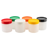 Five white HDPE storage jars from TableCraft Products are arranged in a semi-circle, each with a different colored lid—red, green, white, orange, yellow, and black. These empty Pint Backup Storage Jars are displayed against a white background.