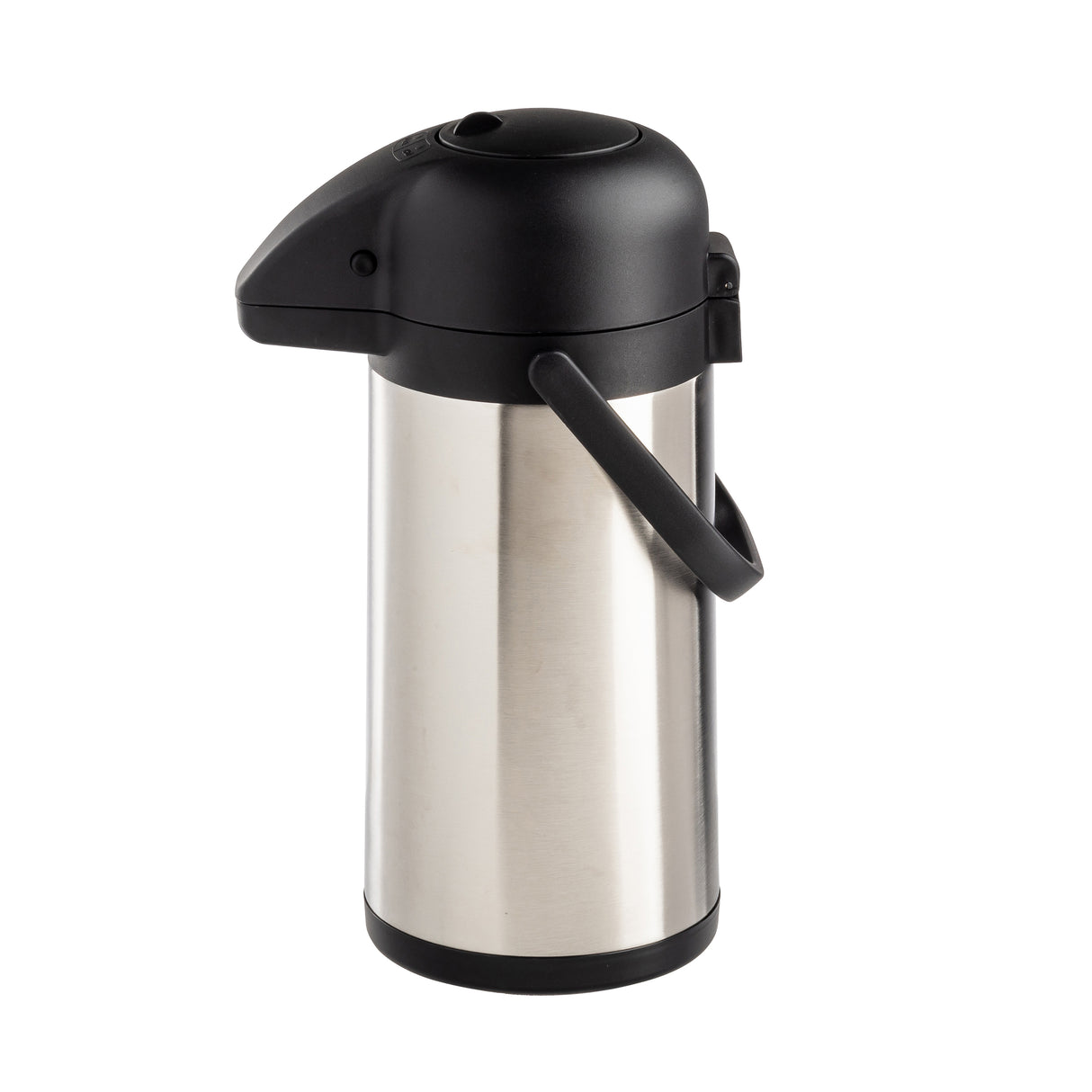 A vacuum insulated stainless steel airpot with a black plastic lid, spout, handle, and base. The airpot stands upright on a plain white background, highlighting its simple, modern design.