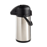 A vacuum insulated stainless steel airpot with a black plastic lid, spout, handle, and base. The airpot stands upright on a plain white background, highlighting its simple, modern design.