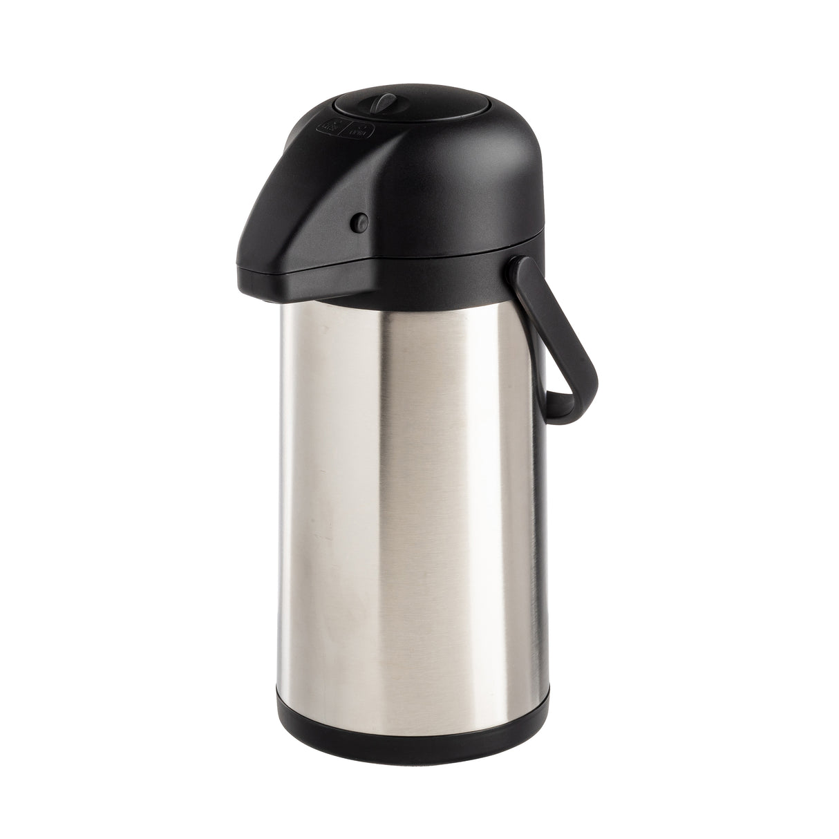 A stainless steel Airpot with a black plastic lid, handle, and dispensing spout. This vacuum insulated cylindrical container keeps beverages hot or cold, featuring sleek silver and black accents against a plain white background.