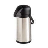 A stainless steel Airpot with a black plastic lid, handle, and dispensing spout. This vacuum insulated cylindrical container keeps beverages hot or cold, featuring sleek silver and black accents against a plain white background.