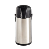 This vacuum insulated Airpot features a stainless steel body with a black plastic lid, handle, and base. Its push-button dispenser is perfect for serving hot or cold beverages. The airpot stands upright on a white background.