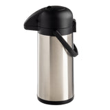 A stainless steel, vacuum insulated airpot with a black plastic lid and handle is shown. Its cylindrical body and spout make it ideal for keeping beverages hot or cold, perfect for serving coffee at gatherings or offices.