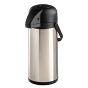 A stainless steel, vacuum insulated airpot with a black plastic lid and handle. The lid features a push button for dispensing, and the cylindrical body has a reflective metal surface. The airpot stands upright against a plain white background.