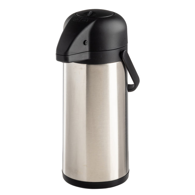 A stainless steel, vacuum insulated airpot with a black plastic lid and handle. The lid features a push button for dispensing, and the cylindrical body has a reflective metal surface. The airpot stands upright against a plain white background.