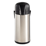 A vacuum insulated stainless steel airpot with a black plastic top and handle, designed for dispensing beverages. Its cylindrical body has a shiny metallic finish, and the lid features a button or lever for easy pouring. Background is plain white.