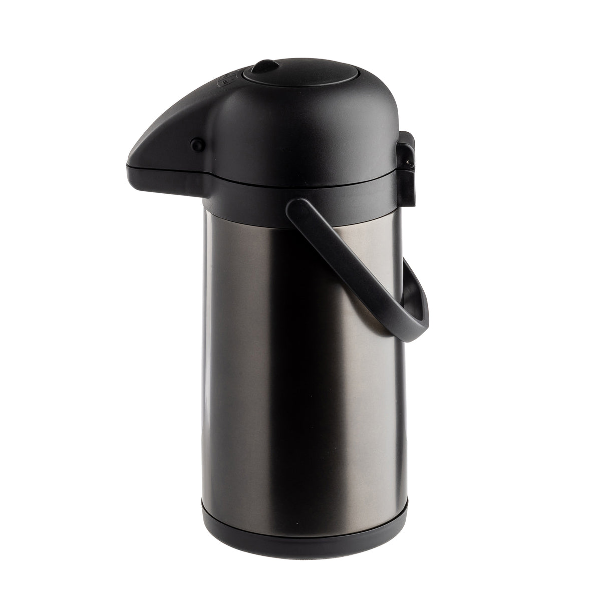 A stainless steel airpot with a black plastic lid, spout, handle, and base. This modern, cylindrical airpot is vacuum insulated to keep beverages hot or cold, and dispenses coffee by pressing down on the top. Handle is positioned upright for easy carrying.