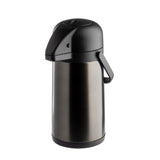 A stainless steel, vacuum insulated airpot with a black plastic lid and handle is shown on a white background. This cylindrical airpot features a spout on the lid for dispensing beverages, ideal for serving coffee or hot drinks.