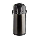 A vacuum insulated stainless steel airpot with a black plastic lid and pump mechanism. The sleek cylindrical body has two side handles near the top and a spout for dispensing beverages, making it ideal for keeping coffee or hot water hot. The background is white.