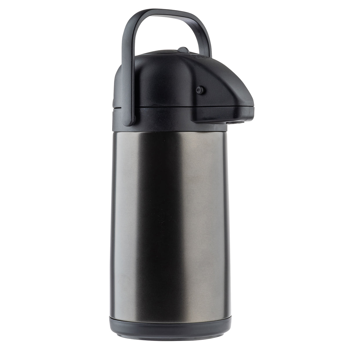 A stainless steel, vacuum insulated airpot with a black plastic lid and handle stands upright. The lid features a push-button dispenser and spout, ideal for serving hot beverages like coffee or tea against a plain white background.