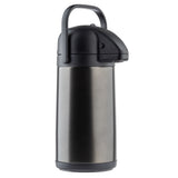 A stainless steel, vacuum insulated airpot with a black plastic lid and handle stands upright. The lid features a push-button dispenser and spout, ideal for serving hot beverages like coffee or tea against a plain white background.