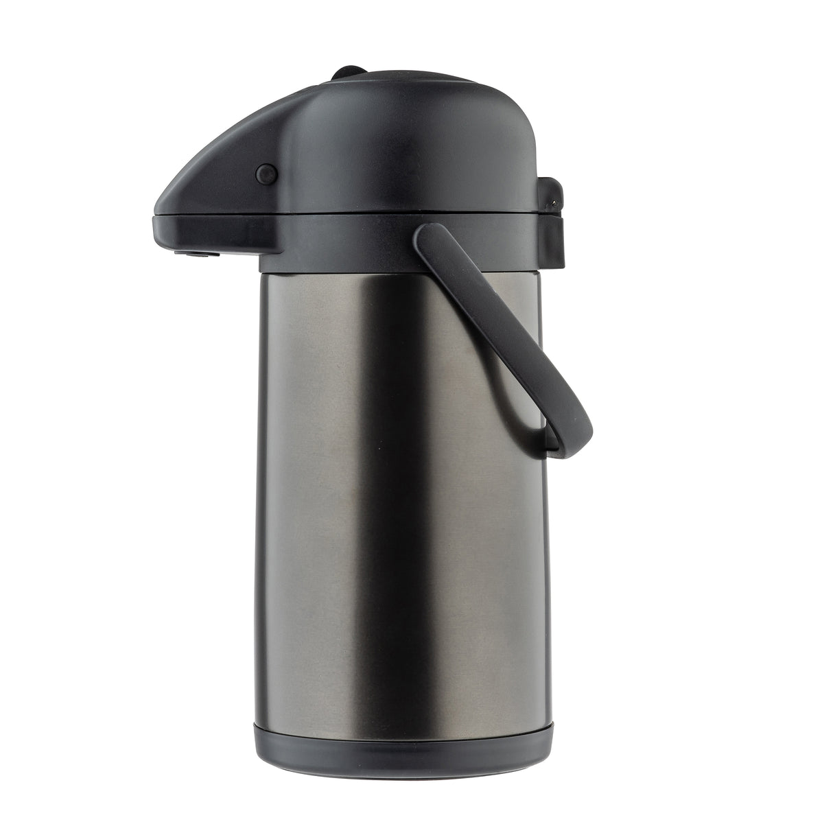 A stainless steel airpot with a black plastic lid and handle, shown upright against a white background. This vacuum insulated airpot features a pump-action top and sturdy, cylindrical body to keep beverages hot or cold for hours.