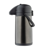 A stainless steel airpot with a black plastic lid and handle, shown upright against a white background. This vacuum insulated airpot features a pump-action top and sturdy, cylindrical body to keep beverages hot or cold for hours.