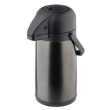 A stainless steel, vacuum insulated airpot with a black plastic top, dispensing spout, and carrying handle. Its brushed metal finish and push-button lid make it ideal for keeping beverages hot or cold for hours.