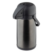 A stainless steel, vacuum insulated airpot with a black plastic top, dispensing spout, and carrying handle. Its brushed metal finish and push-button lid make it ideal for keeping beverages hot or cold for hours.