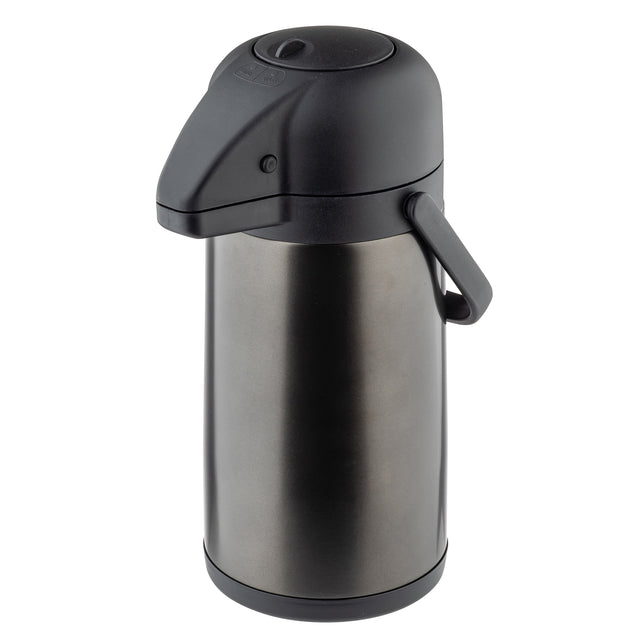 A stainless steel, vacuum insulated airpot with a black plastic top, dispensing spout, and carrying handle. Its brushed metal finish and push-button lid make it ideal for keeping beverages hot or cold for hours.